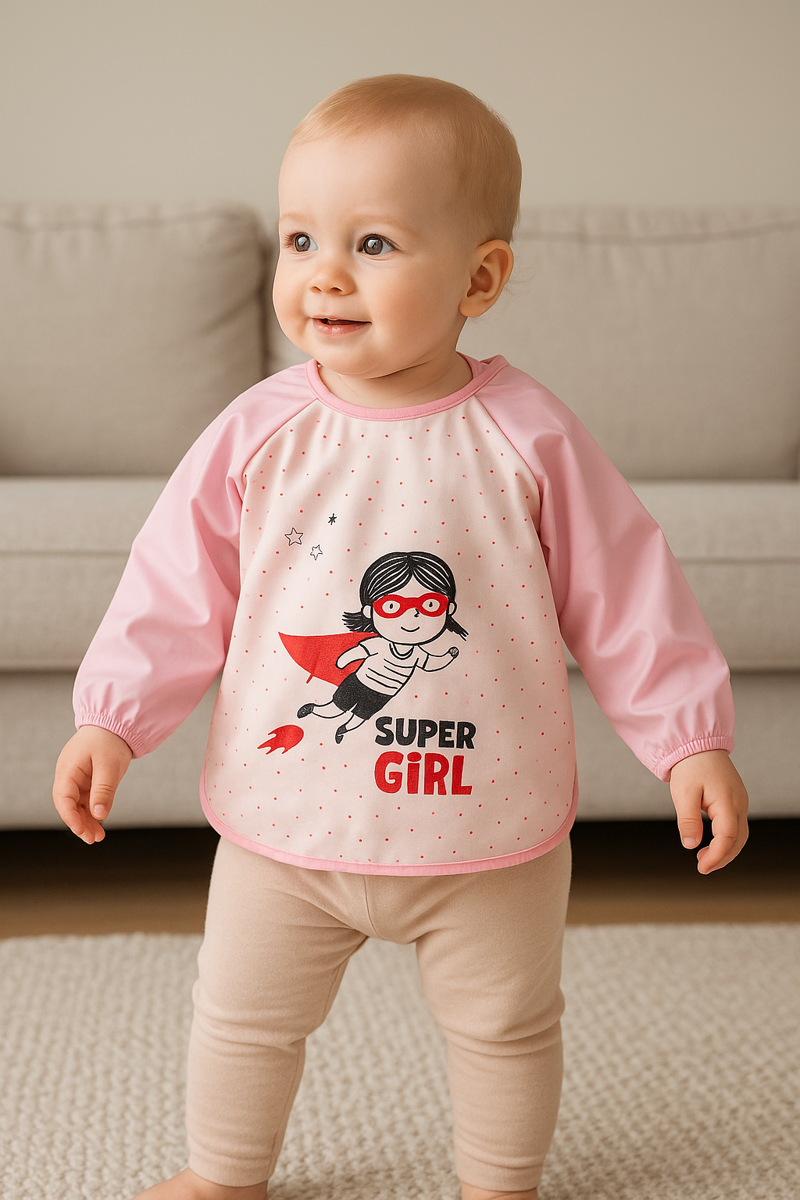 Uzun Kollu Su Geçirmez Mama Önlüğü – Super Girl Desenli (6-24 Ay)