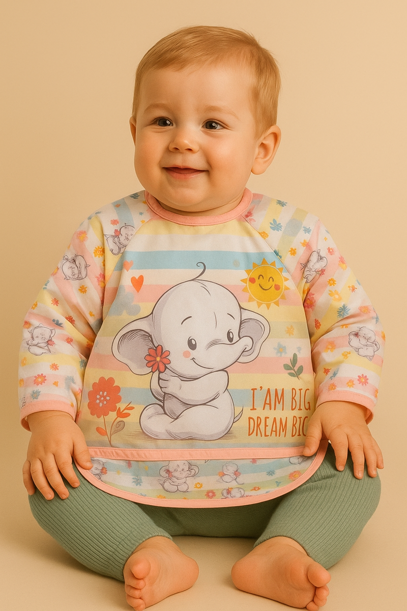 Sevimli Fil Figürlü Kollu Bebek Mama Önlüğü - "I'm Big Dream Big" Temalı Sıvı Geçirmez
